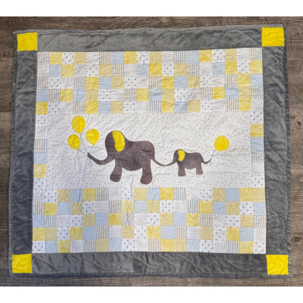 Handmade Elephant Baby Quilt Patchwork Minky Border Grey Yellow Blue 39x35